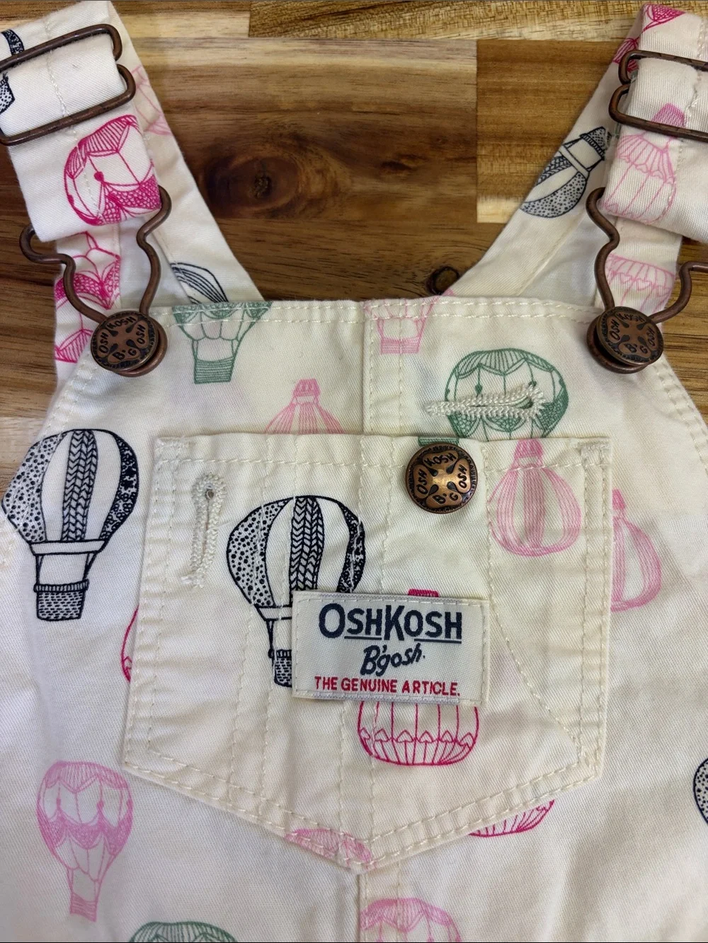 OshKosh B'gosh Cream Overalls with Pink, Green & Navy Balloon Print
